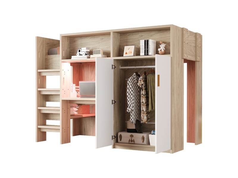  Lit mezzanine 90x200 cm avec bureau, armoire, bibliothèque, rangements et led en bois bois clair Fay Lum - Conforama A