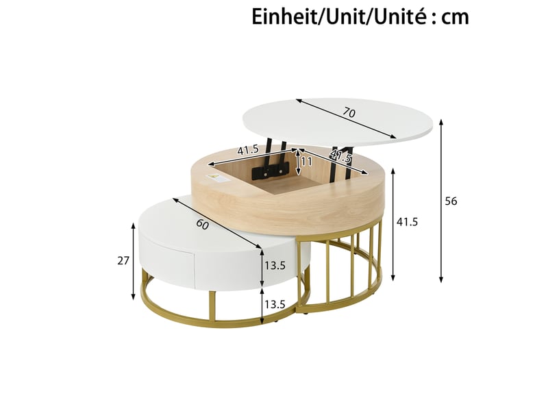  Tables basses gigognes rondes 70x70x56+60x60x27 cm, plateau relevable, mdf blanc  - Conforama E