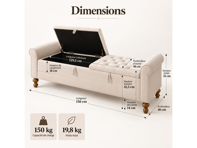 Banquette convertible en velours beige 156 x 46 x 51 cm, 2 couvercles rangement,avec accoudoirs roulés  - Conforama C