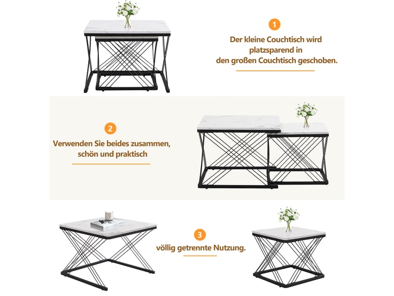 Lot de 2 tables basses carrées gigognes, effet marbre brillant, 60 x 60 et 45 x 45 cm, blanc et noir - Conforama W