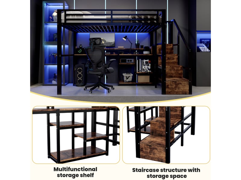 Lit mezzanine 140 × 200 cm 2 places, armoire-escalier, rangement, usb, type-c et led, sans matelas, métal noir - Conforama E