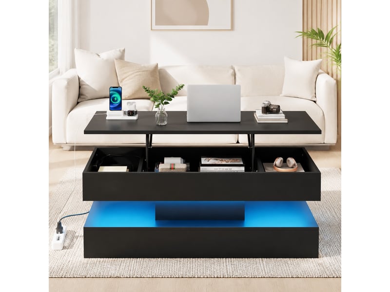  Table basse noire avec plateau relevable, led et rangement 100 x 50 x 42 cm  - Conforama D