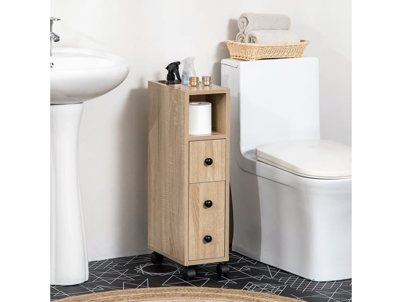  Meuble de salle de bain à quatre roulettes, compartiment ouvert, tiroir et placard, en bois, 18 x 30 x 68,5 cm, couleur chêne  - Conforama C