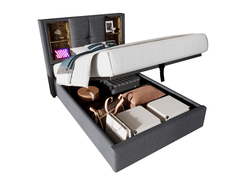  Modenvie lit coffre 90x200 cm - chargement sans fil, usb et rangement, matelas inclus - gris  - Conforama A