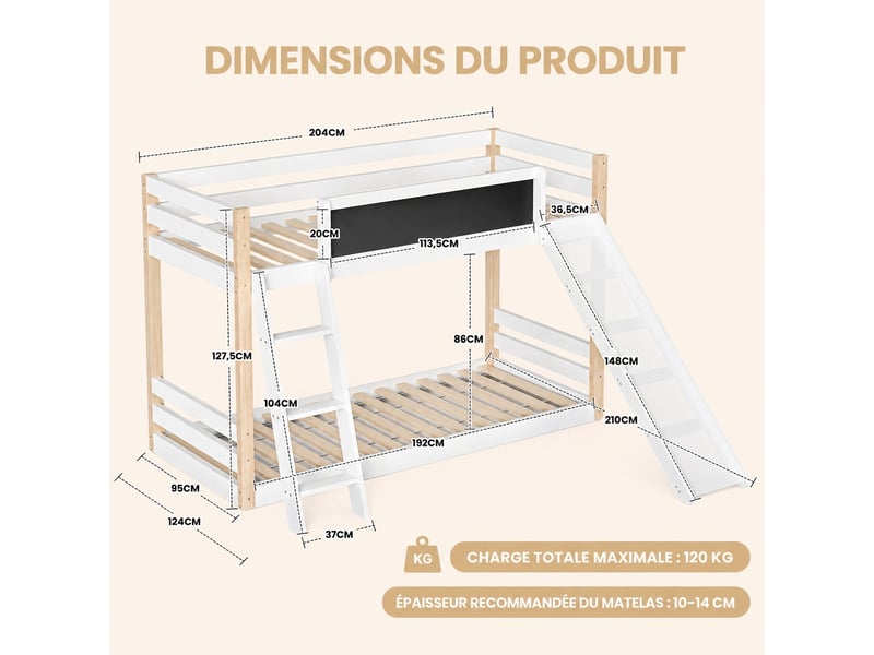  Lit superposé blanc en bois avec toboggan et échelle, couchages 90x200 cm et 90x190 cm pour chambre enfant  - Conforama C