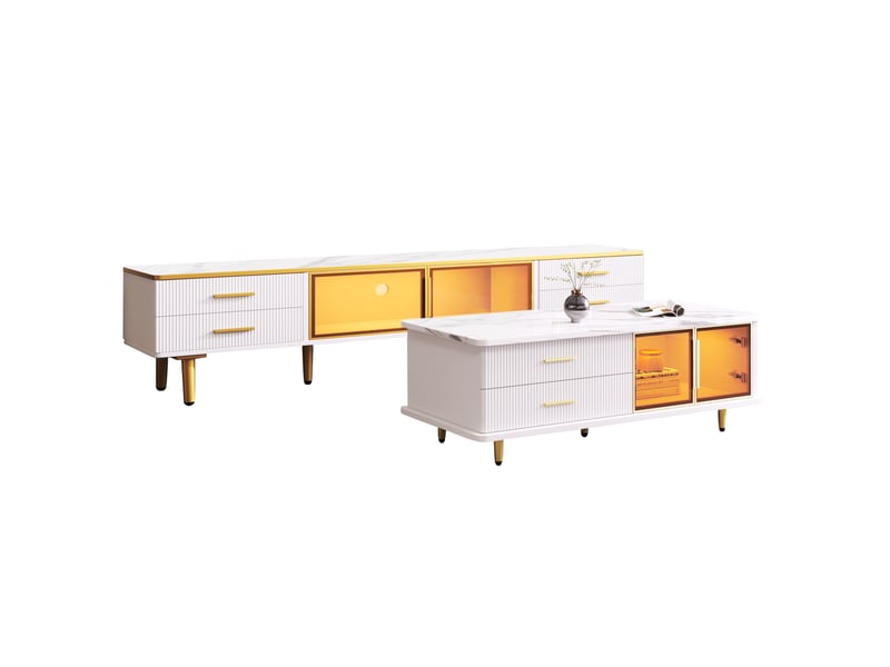  Ensemble meuble tv et table basse led blanc et doré verre trempé  - Conforama A