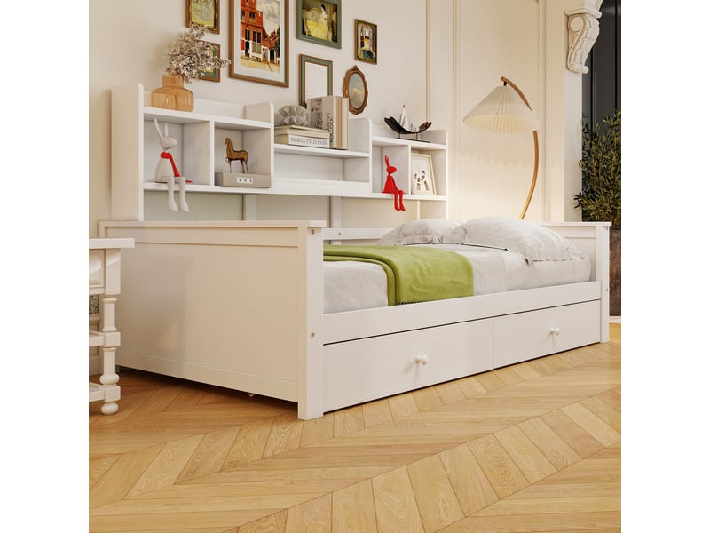 Lit banquette simple enfant 90×200 cm, 2 tiroirs et étagères - sans matelas, bois blanc - Conforama C