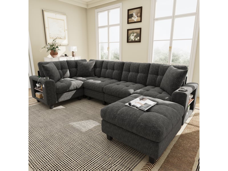 Canapé d’angle modulable xxl en l ou u 6 places 216,5x216,5 cm, pouf mobile, accoudoirs avec étagères, porte-gobelet, 2 usb et usb-c, chenille gris Radiant Stride - Conforama B