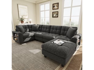 Canapé d'angle panoramique convertible <strong></strong> <strong>Radiant Stride</strong> 6 places Tissu gris avec coffre de rangement