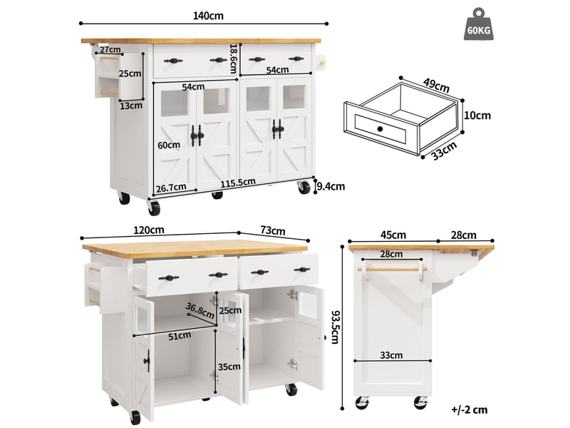  Îlot central de cuisine extensible blanc, rangement, portes vitrées, roulettes, étagères réglables, solide,mdf,140x45（73）x93.5cm  - Conforama E