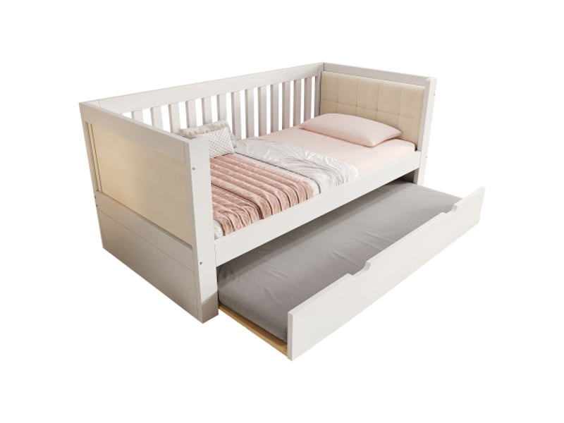  Lit banquette 90x190cm avec lit gigogne 90x190cm,canapé-lit de jour confortable,structure en pin massif et contreplaqué,pour petite chambre ou studio,blanc  - Conforama A