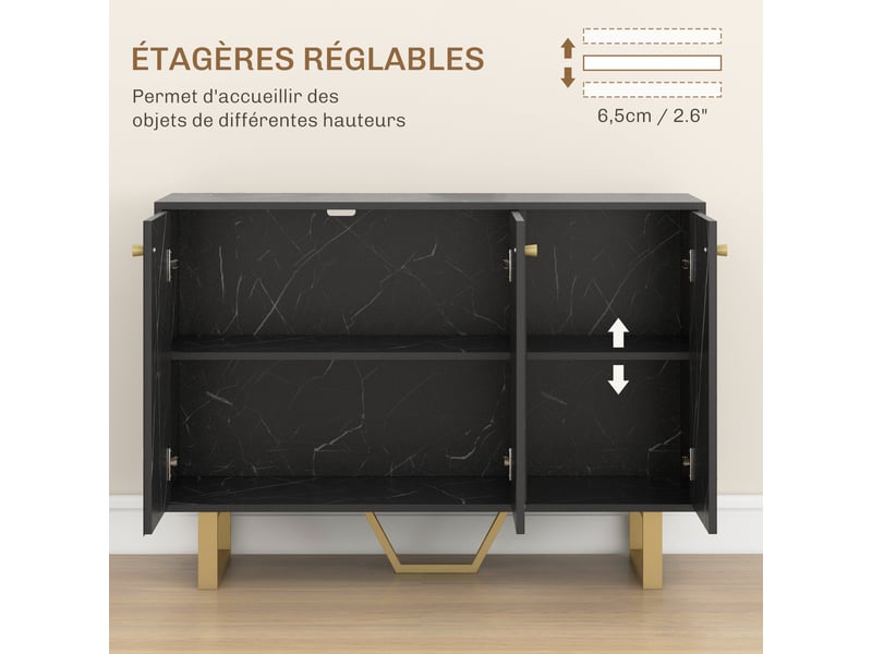  Meuble de rangement buffet salon avec 2 placards 3 portes et étagère réglable, aspect marbre noir, pieds en métal  - Conforama E