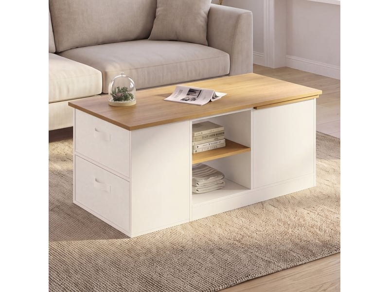  Table basse plateau relevable et extensible rectangulaire ilona 100-140 cm avec 2 tiroirs, coffre et étagère blanc et bois  - Conforama E