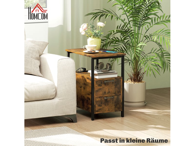 Table de chevet avec 2 tiroirs, niche ouverte et prises intégrées, pour chambre ou salon, marron, 55 × 35 × 58,5 cm - Conforama C