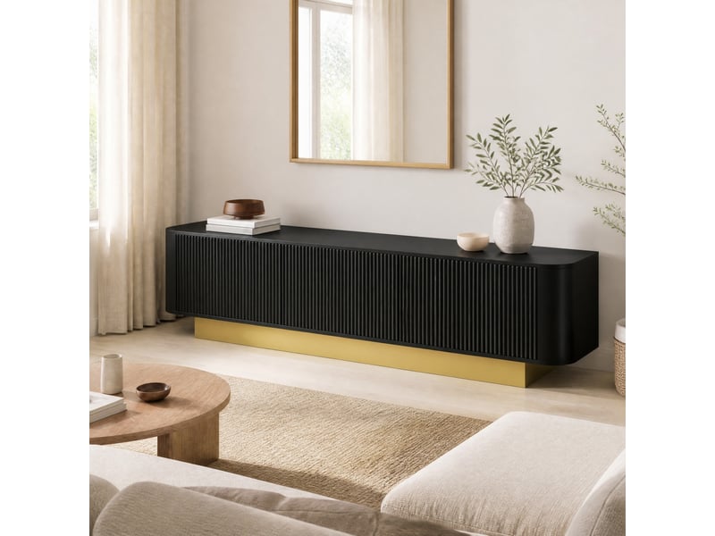  Meuble tv 170x40,5x47 cm, noir, grand espace de rangement, bords arrondis, portes texturées, passe-câbles, mdf et panneau de particules  - Conforama B