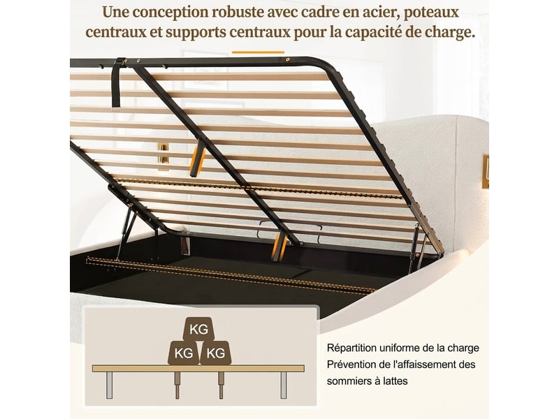  Lit double 180x200 lit coffre hydraulique tissu bouclette blanc avec port usb et liseuse  - Conforama R