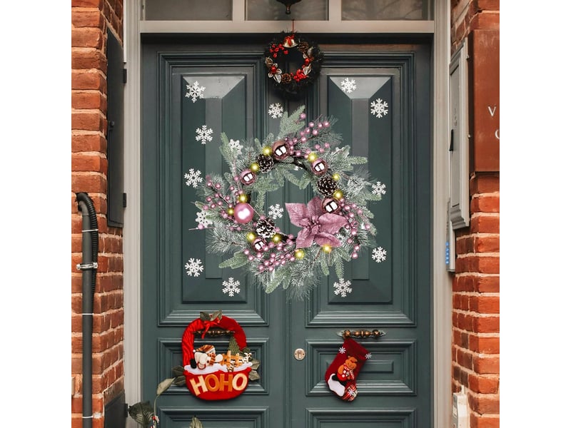  Couronne de noël rose 50 cm avec pommes de pin, nœud et boules, avec lumières, décoration porte intérieur extérieur  - Conforama D