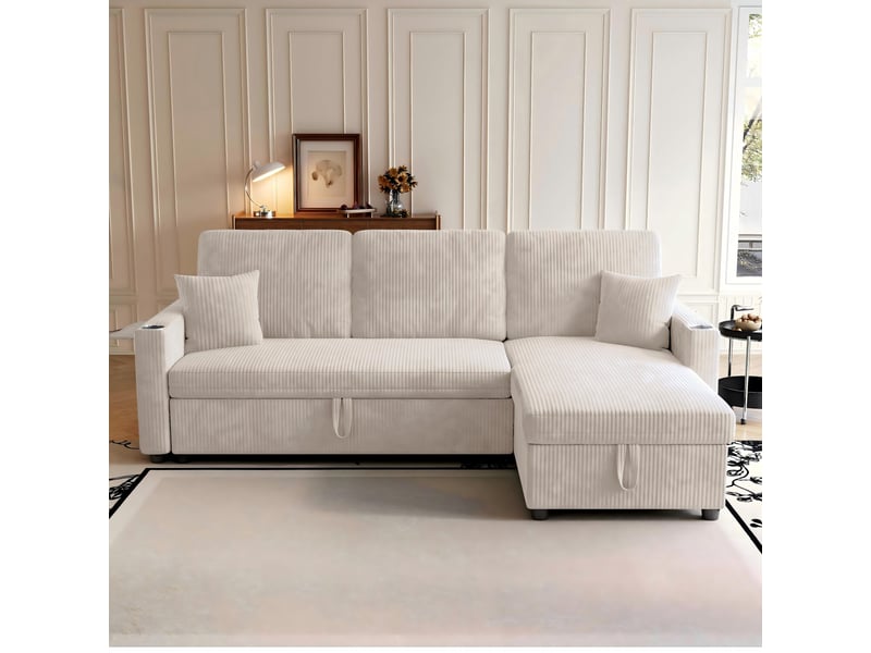Canapé d’angle (à droite) convertible 3 places 207,5 x 142 x 84,5 cm, avec rangement, assise spacieuse et méridienne, velours côtelé, beige OMNIGLINT TRADING LTD - Conforama C