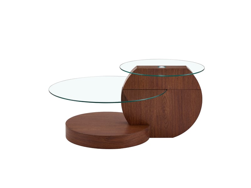  Table basse ronde 90x70x44 cm, meuble de salon, plateau en verre transparent, pour salon et séjour, mdf, couleur noyer  - Conforama A