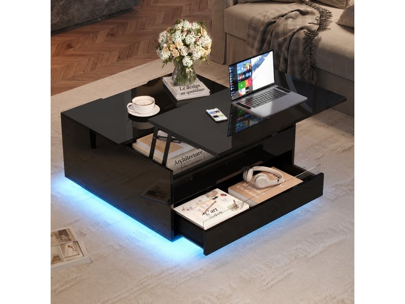 Table basse relevable noire avec led, rangement caché, tiroir, 70 x 70 x 38 cm - Conforama D
