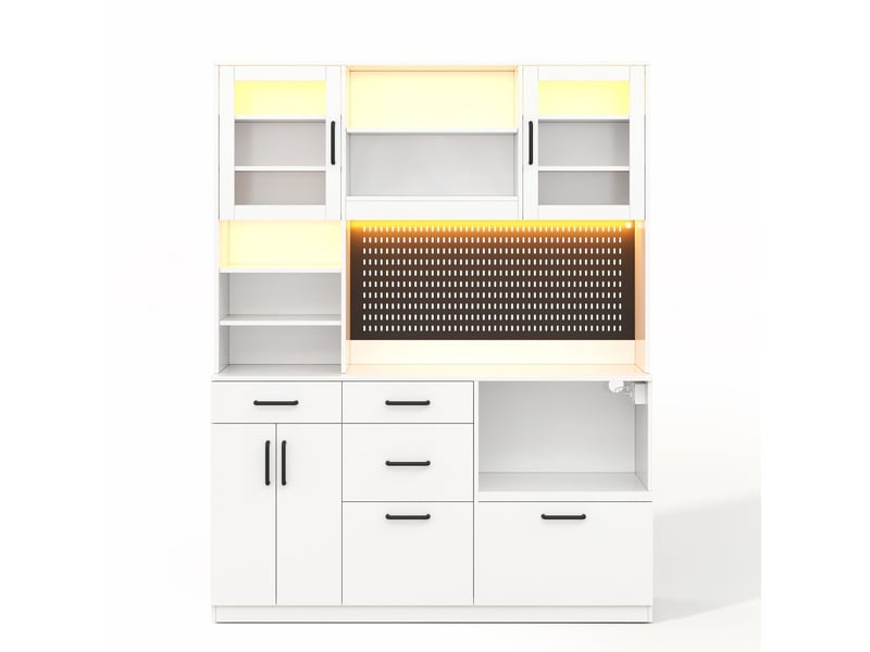 Buffet de cuisine 185 x 145 x 40 cm rangement 5 tiroirs étagères réglables prise intégrée éclairage led surface de travail panneau perforé blanc  - Conforama A