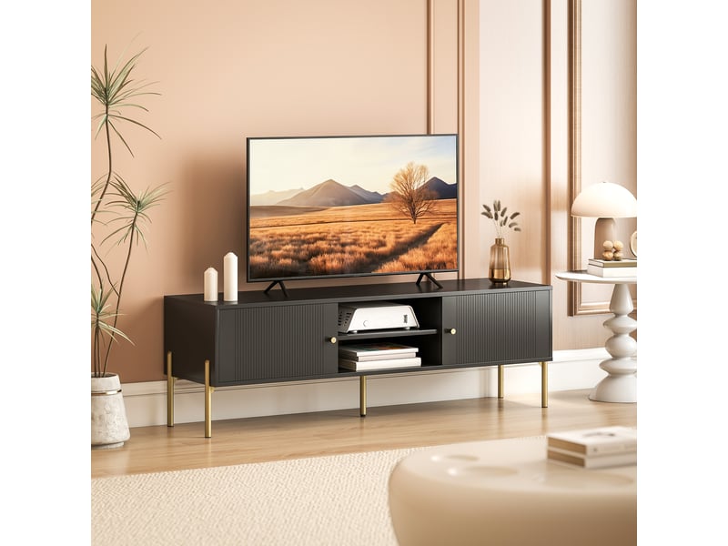  Meuble tv design - 2 portes, 2 niches - piètement poignées métal doré façade rainurée noir  - Conforama B