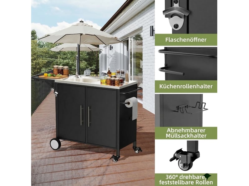  Chariot barbecue avec évier, plan de travail rabattable, armoire de rangement et roulettes pour jardin en métal noir  - Conforama E