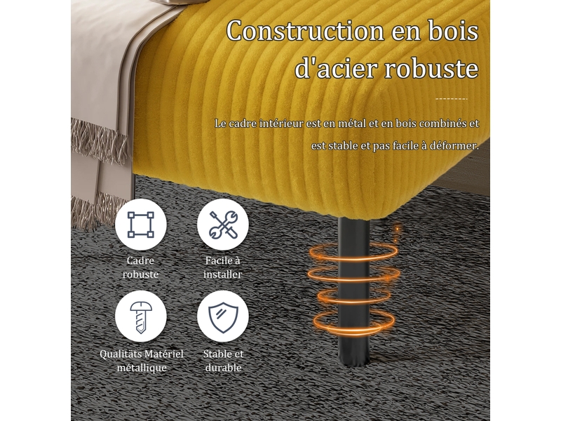  Canapé 2 places avec poche latérale pratique, dossier et accoudoirs incurvés, pieds en métal, velours côtelé, jaune  - Conforama E
