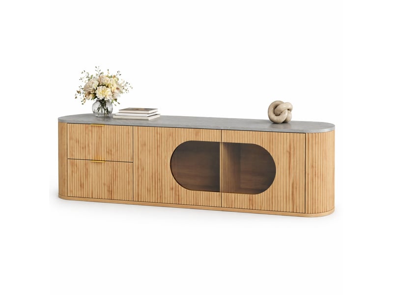  Meuble tv modenvie moderne 172 x 38 x 45,5 cm mdf naturel portes texturées vitrine en verre gris  - Conforama A