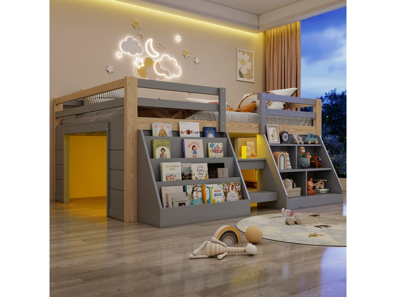  Lit mezzanine enfant 140x200cm en pin avec compartiments ouverts et led,lit superposé double avec échelle et barrières de sécurité,sans matelas-gris et naturel  - Conforama B
