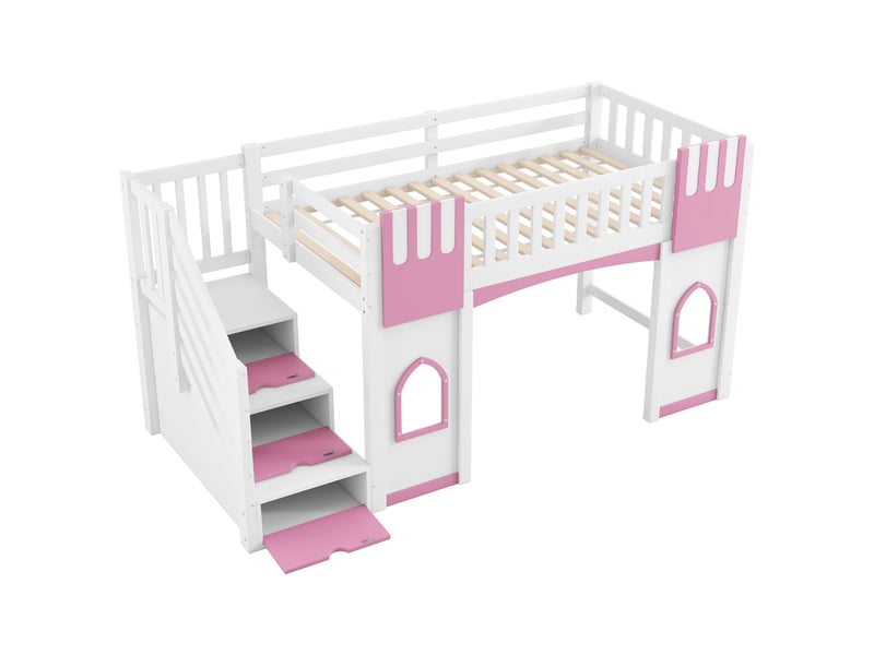  Lit superposé 90 x 200cm avec escalier de rangement et fenêtre, blanc et rose  - Conforama A