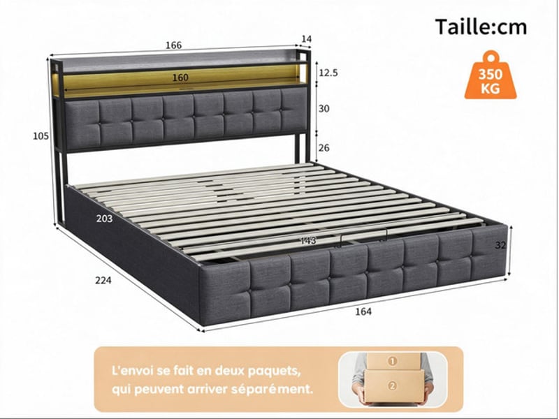  Lit coffre 160x200 cm ezssw, coloris gris  - Conforama C