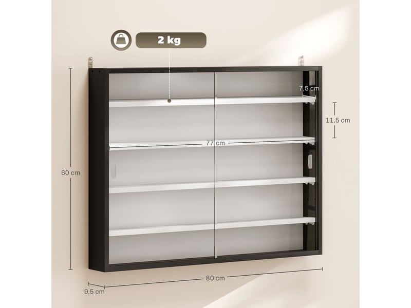  Vitrine murale pour objets de collection 4 étagère réglables en hauteur et 2 portes coulissantes 80 x 9,5 x 60 cm noir  - Conforama E