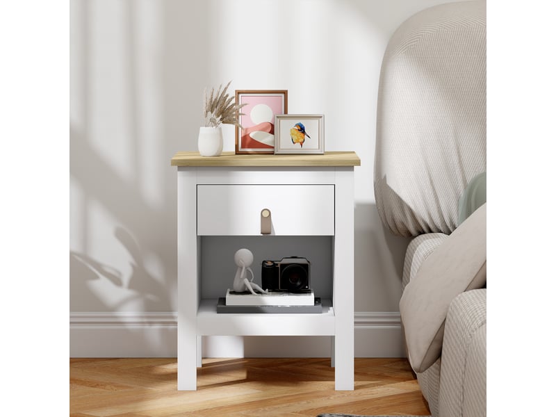  Table de chevet avec 1 tiroir, compartiment ouvert, poignée en pu, table d'appoint pour salon ou chambre, 45 x 40 x 55 cm, blanche  - Conforama C