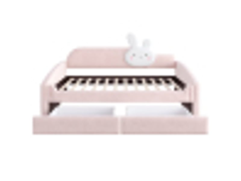  Lit banquette enfant 90 × 200 cm, 2 tiroirs, coussin lapin, côtés rembourrés, led, sommier à lattes, velours rose  - Conforama A