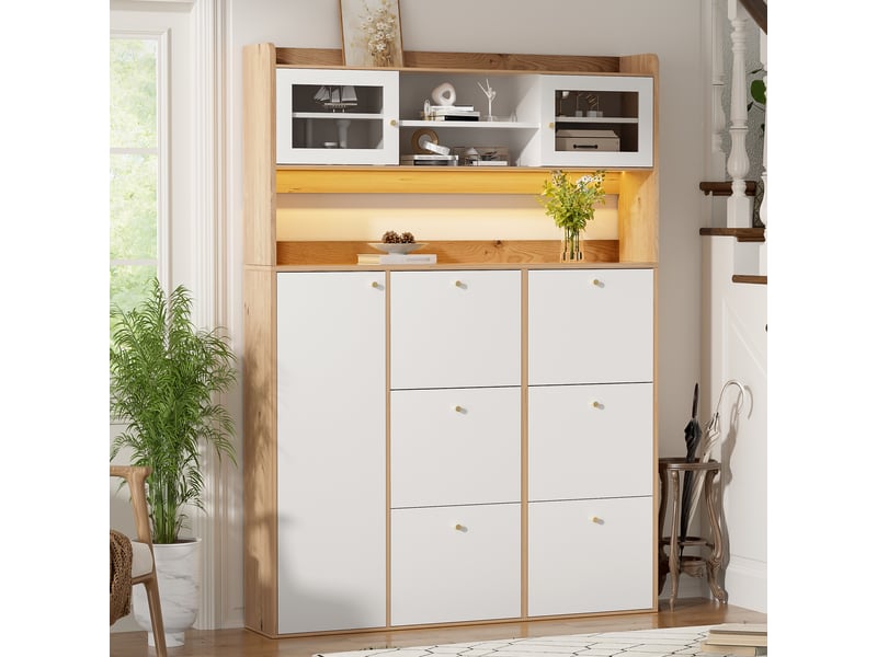  Meuble à chaussures - 130x25x180cm - armoire étroite avec led, 6 casiers abattants, 1 porte - blanc et chêne clair  - Conforama B