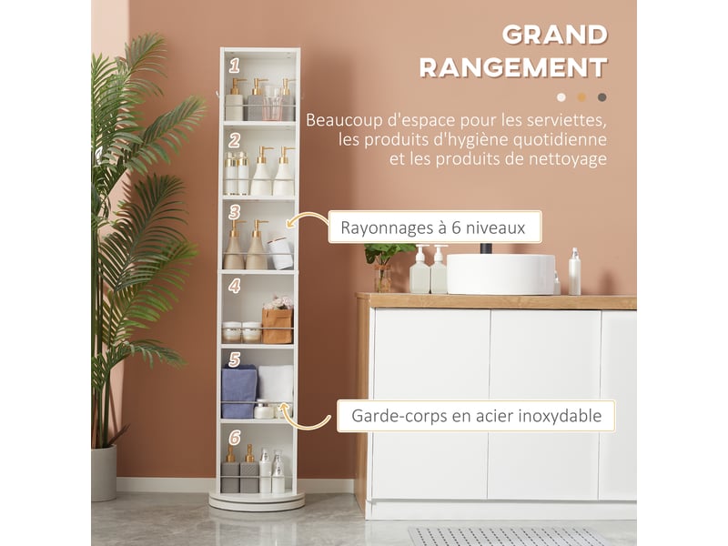  Colonne de salle de bain pivotante avec miroir 6 étagères blanc 36 x 36 x 171 cm  - Conforama D