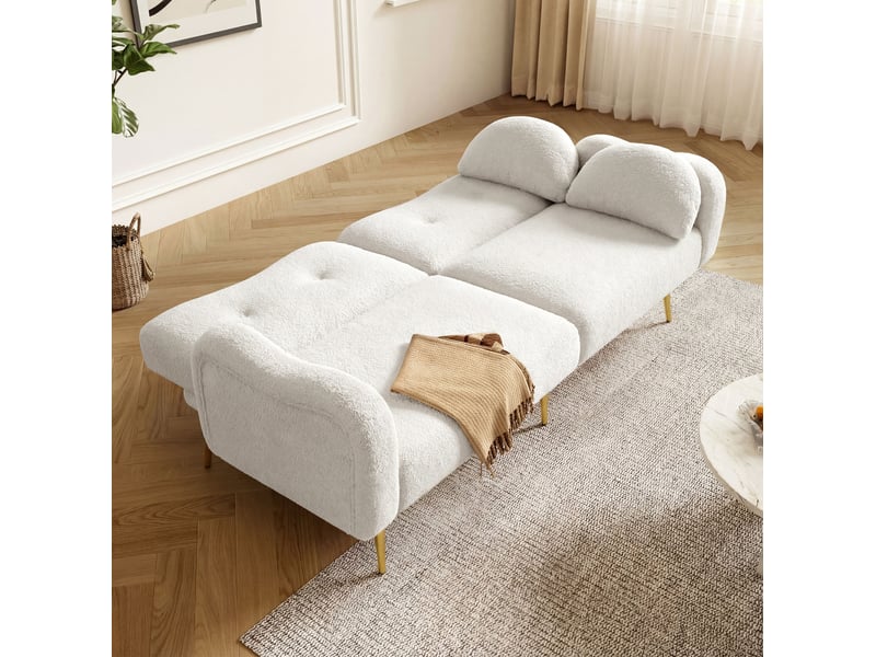 Canapé convertible scandinave 2 places 175x79x82cm, laine d'agneau tendre, mousse, pieds métal, dossier à 3 positions, blanc - Conforama D