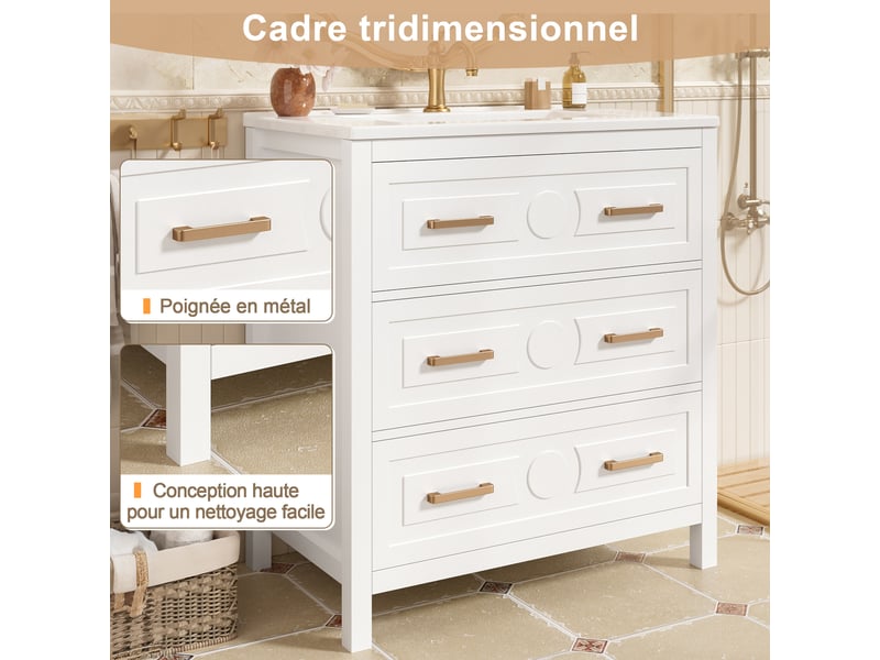  Meuble vasque autoportant 76 5 x 47 x 82 cm blanc céramique et mdf 3 tiroirs silencieux avec kit de montage evarich - Conforama C
