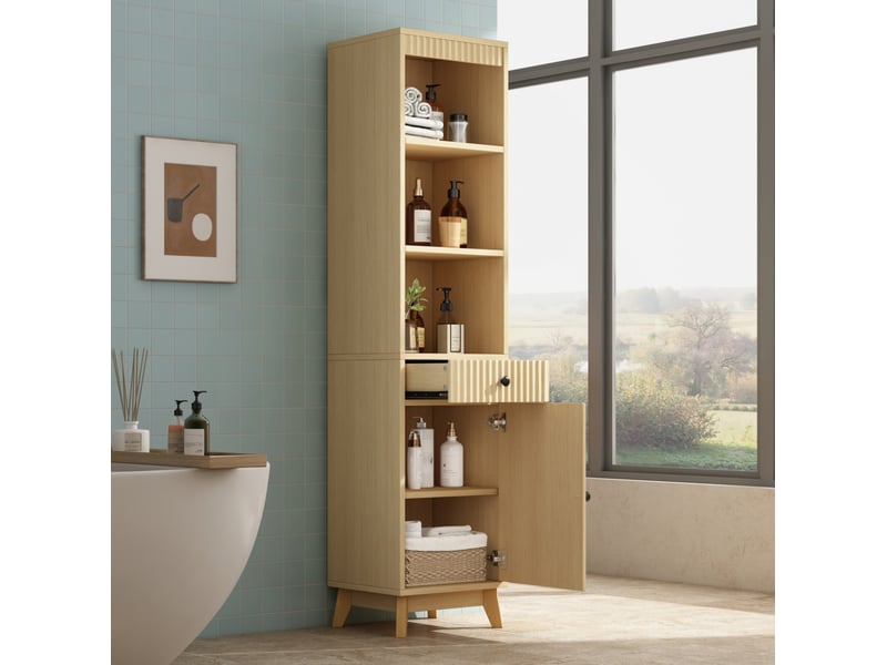  Colonne de salle de bain 40 x 36 x 172 cm avec porte réversible et fermeture douce, mdf, 1 tiroir, effet bois naturel  - Conforama D