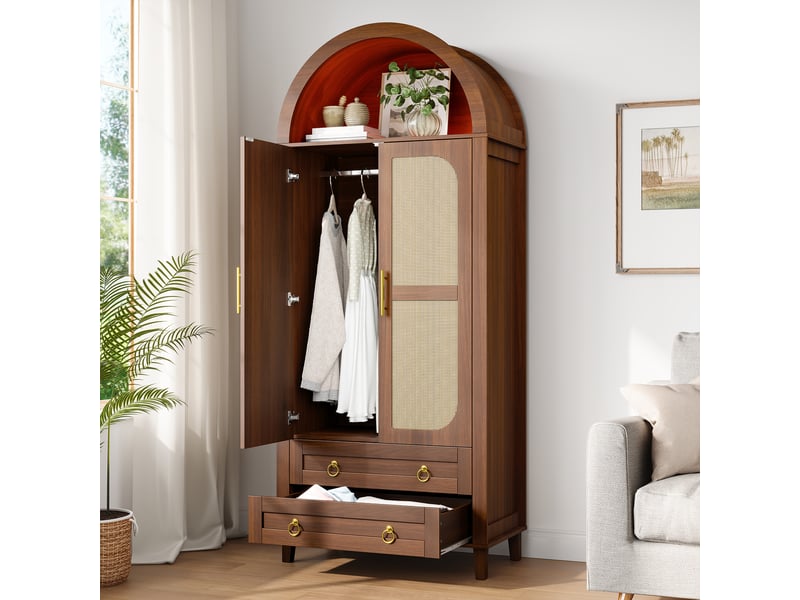  Armoire penderie 76x50x184cm, 2 portes effet rotin, led par application, niche cintrée, tringle, 2 tiroirs et pieds en bois massif, noyer pour  - Conforama C