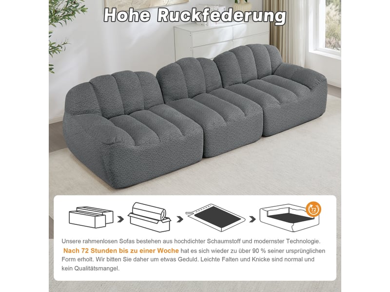 Canapé droit - sans structure 3 places 288x104 cm - mousse 32d - modulable en l ou u - polaire granulée - gris - Conforama R