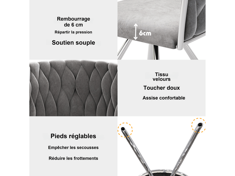 Chaise de salle à manger pivotante 360° en velours gris et métal argenté, lot de 6, dossier enveloppant ergonomique - Conforama E