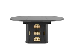 Table extensible 158 cm rangement intégré table repas tiroirs en rotin structure en mdf aspect bois finition noir naturel et marron format extensible