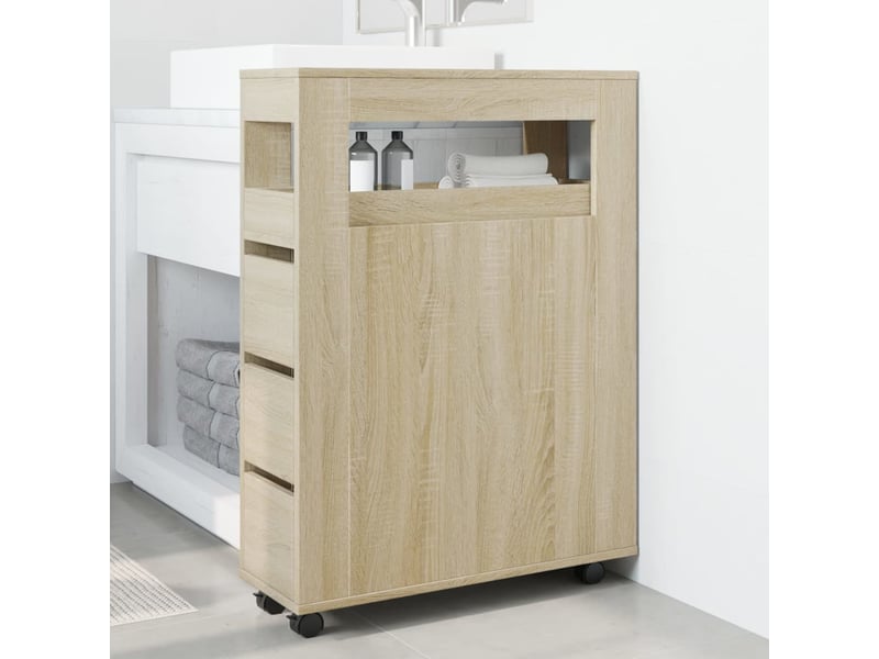 Meuble étroit salle de bain, commode à roulettes chêne sonoma shl3232 - Conforama C