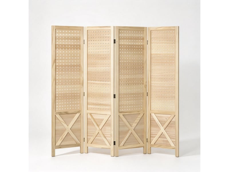 Paravent intérieur pliable 4 panneaux en bois, séparateur de pièce avec panneaux perforés, cloison décorative naturelle - Conforama A
