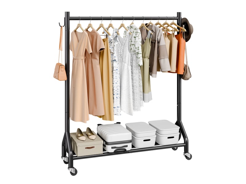  Vevor portant a vetements avec roulettes, porte-manteau robuste en acier carbone avec barre de suspension et crochets lateraux, charge de 90 kg, penderie a vetements pour chambre, buanderie, salon  - Conforama A