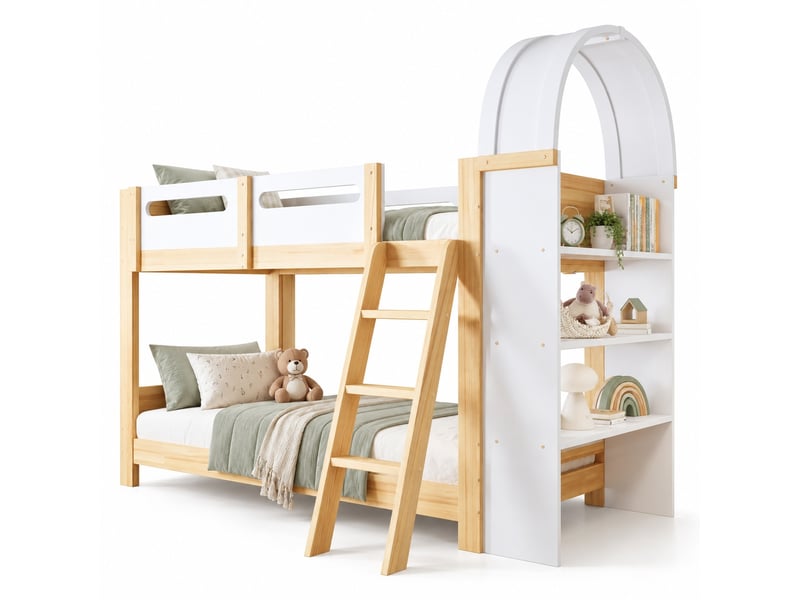  Lit superposé enfant 90 x 200 cm en bois avec étagère 3 niveaux, échelle 3 marches et garde-corps, blanc et naturel  - Conforama A