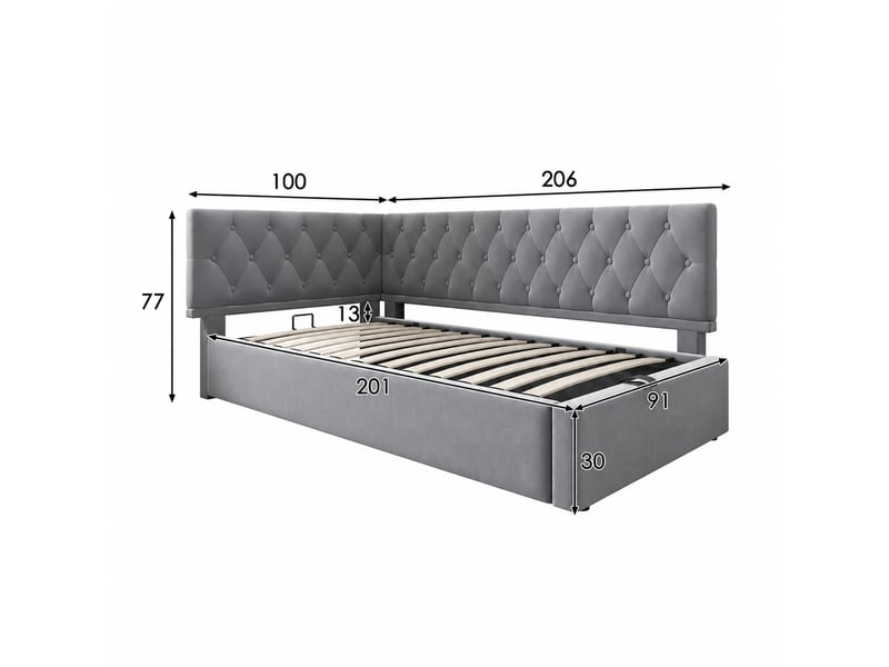  Lit banquette 90x200cm avec coffre et sommier relevable, velours, gris  - Conforama C