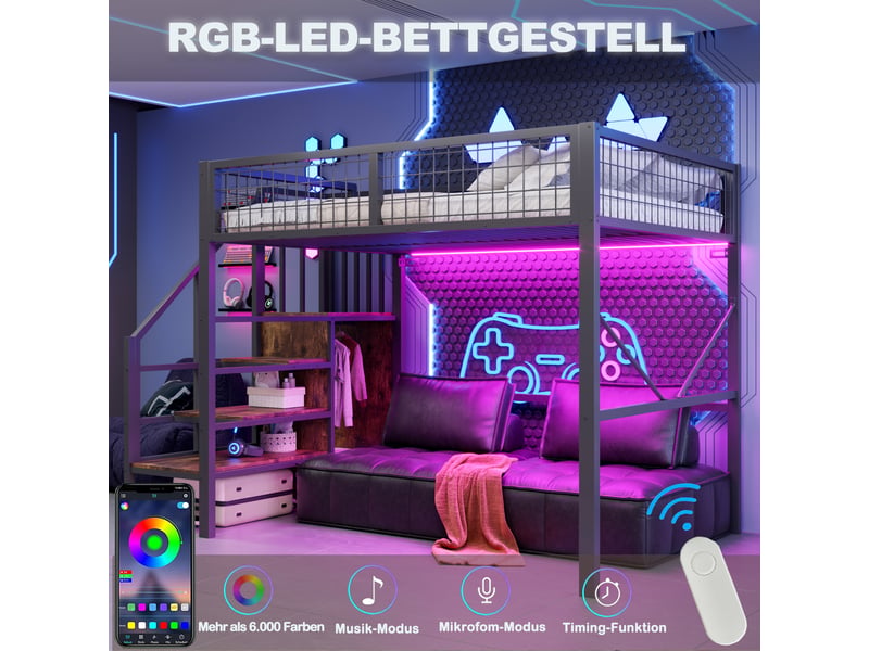  Lit mezzanine enfant 140x200cm en métal avec échelle de rangement et led,lit superposé double avec barrières grillagées,sans matelas,noir  - Conforama D
